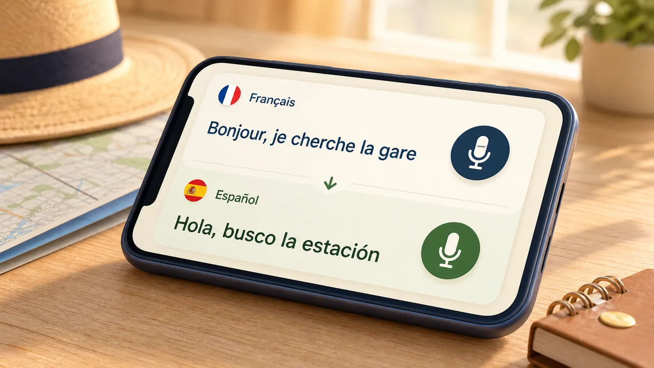 Une phrase en français traduite en espagnol avec deux boutons micro sur un smartphone