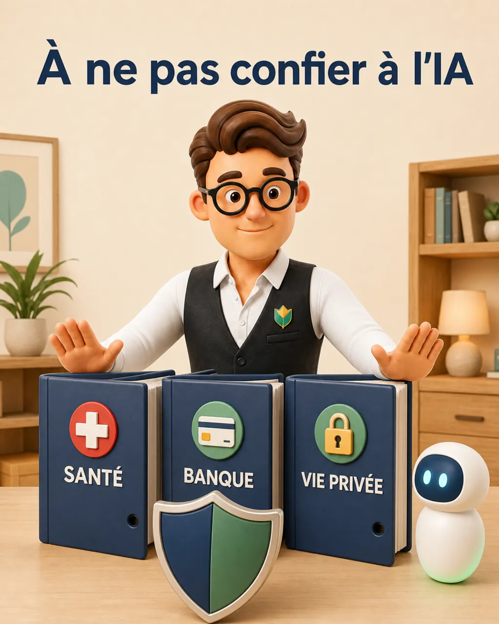 La mascotte protège trois dossiers représentant la santé, les informations bancaires et la vie privée