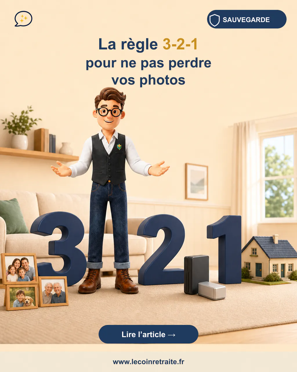 La mascotte présente la règle 3-2-1 avec trois photos, deux supports et une maison éloignée