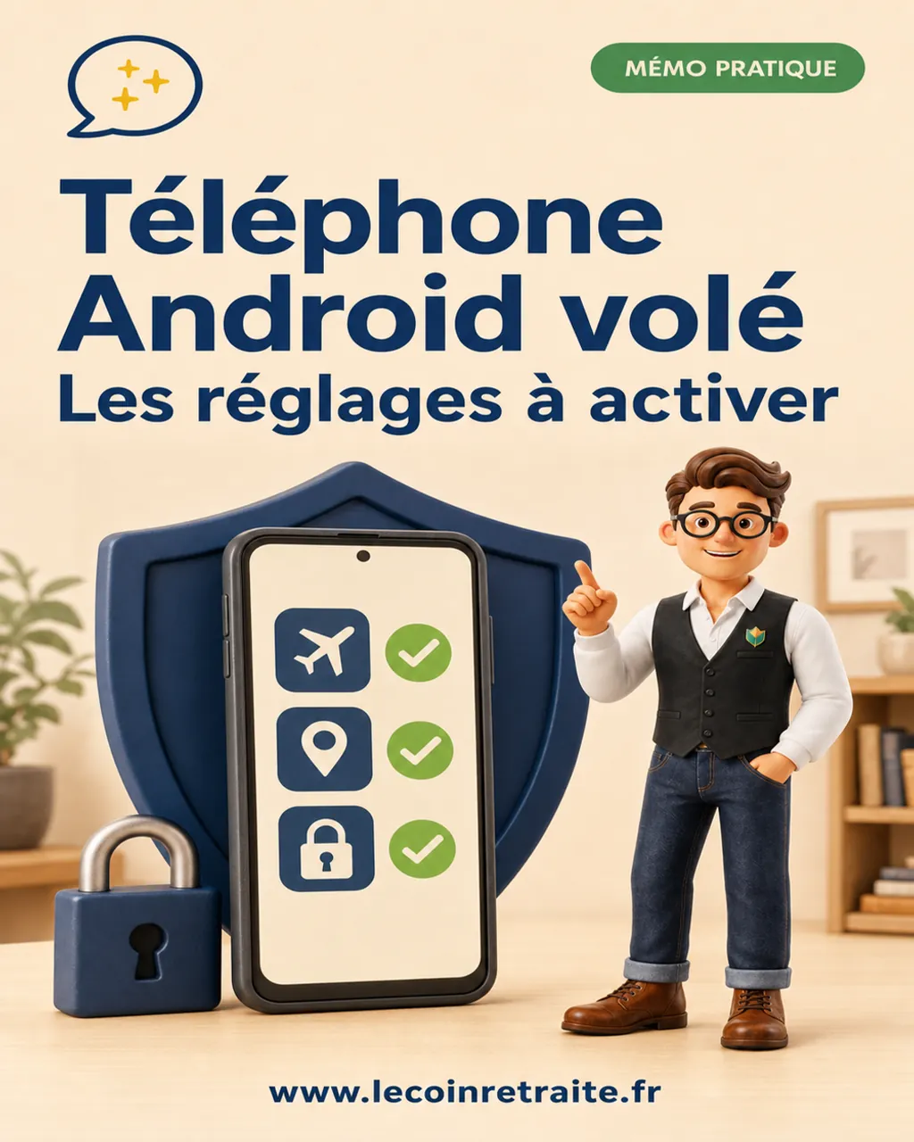 Téléphone Android protégé par un cadenas, un bouclier et plusieurs réglages de sécurité activés
