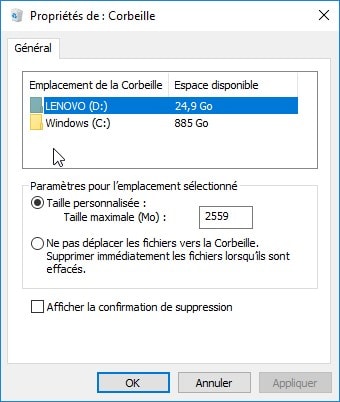 propriete corbeille win 10